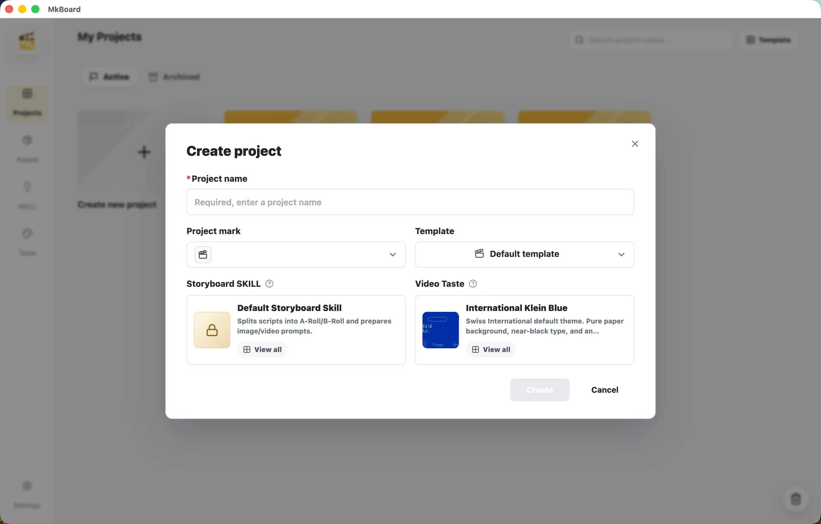 Create project dialog